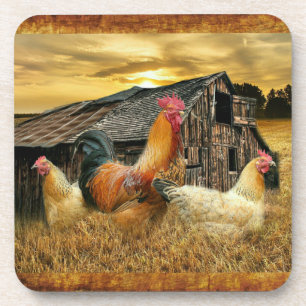 Rooster Hens Rustic Barn Coop Coaster