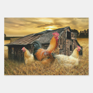 Rooster Hens Rustic Barn Coop Wrapping Paper Sheet