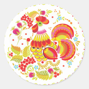 Rooster Hohloma Classic Round Sticker