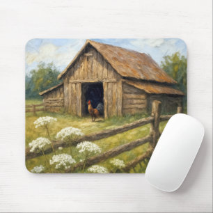 Rooster in a Barnyard Oil Painting Mouse Pad