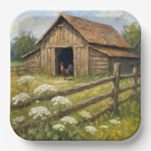 Rooster in a Barnyard Oil Painting Paper Plate