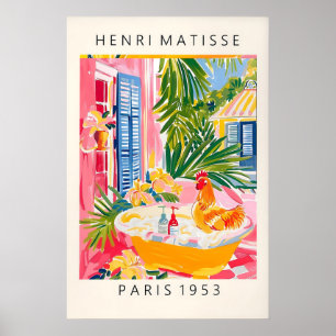 Rooster in Bathtub Art Print Pink Farmhouse