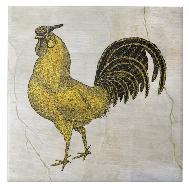 Rooster in Gold on Fresco Pattern Ceramic Tile (Front)
