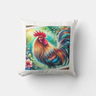 Rooster in Morning Light 010924AREF133 - Watercolo Cushion