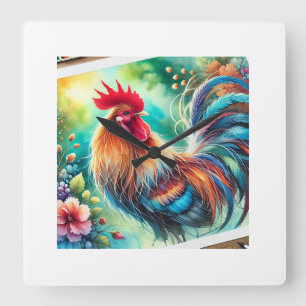 Rooster in Morning Light 010924AREF133 - Watercolo Square Wall Clock