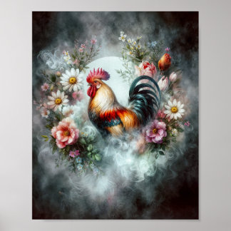 Rooster in Smokey Wreath Digital Poster