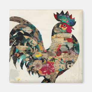 Rooster Mixed Media Art Collage Magnet