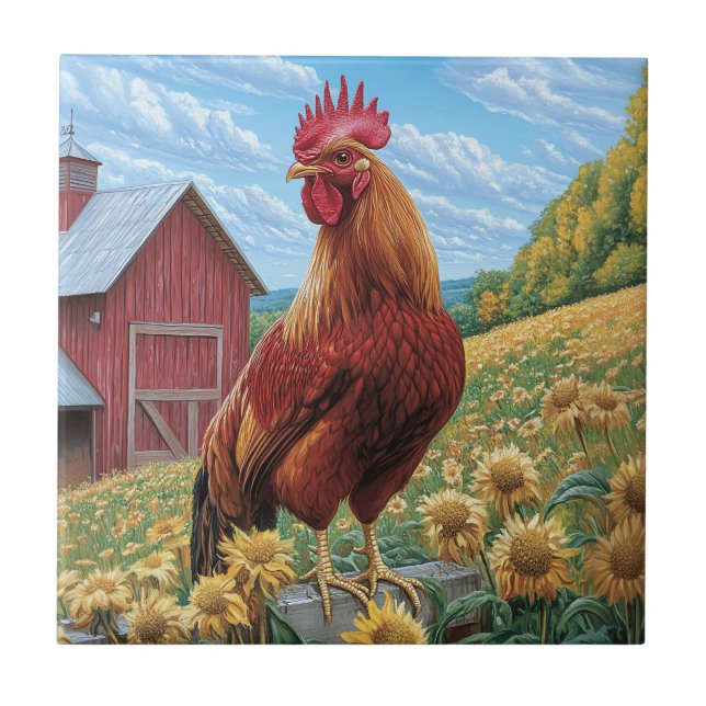 Rooster on a Sunflower Farm Painting Ceramic Tile (Front)