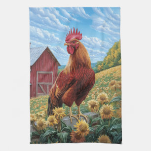 Rooster on a Sunflower Farm Painting Tea Towel