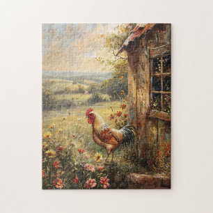 Rooster on the Farm Painting Rustic Jigsaw Puzzle