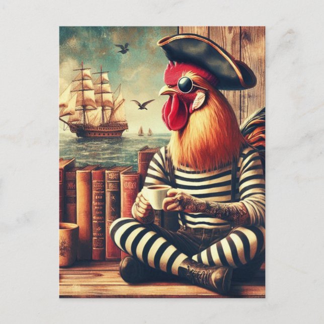Rooster Pirate With a Coffee  Postcard (Front)