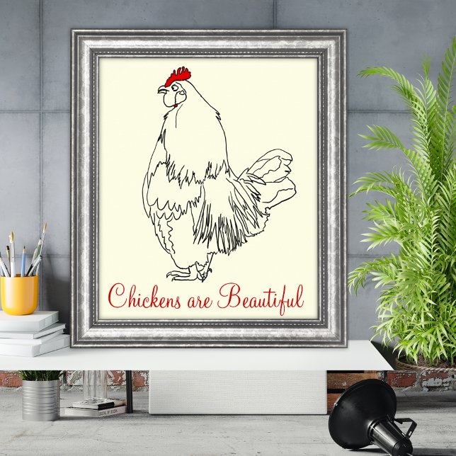 Rooster Quote Chickens are Beautiful  Poster (Chickens are beautiful rooster line art and quote poster)