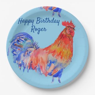 Rooster Red Watercolor Birthday Party Paper Plate