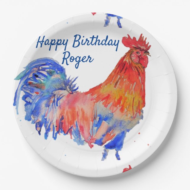 Rooster Red Watercolor Birthday Party Paper Plate (Front)