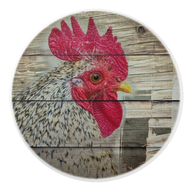 Rooster Rustic Chicken Coop Barn Board Ceramic Knob (Front)