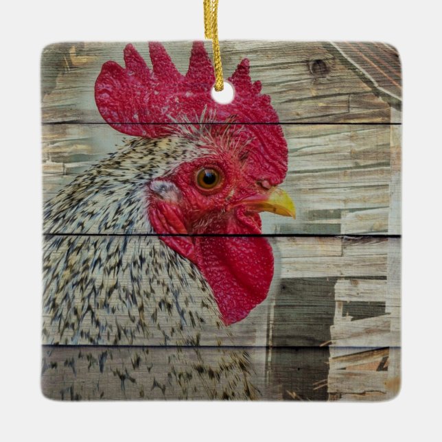 Rooster Rustic Chicken Coop Barn Board Ceramic Ornament (Front)