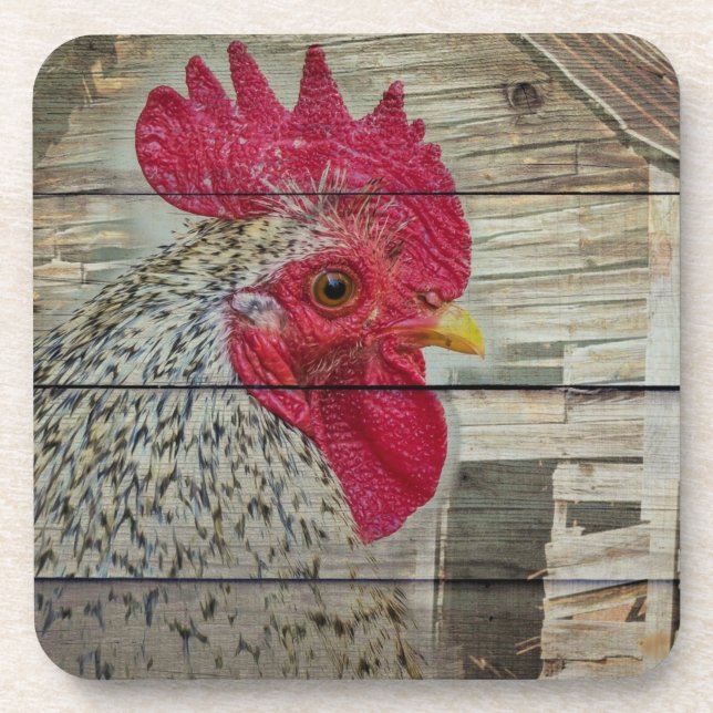 Rooster Rustic Chicken Coop Barn Board Coaster (Front)