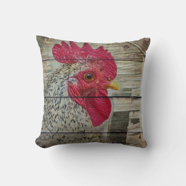 Rooster Rustic Chicken Coop Barn Board Cushion (Front)