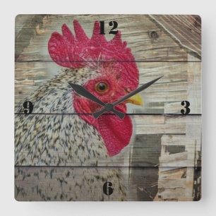 Rooster Rustic Chicken Coop Square Wall Clock