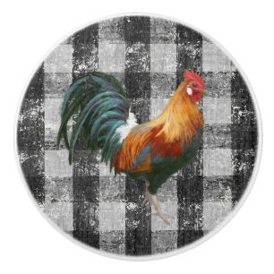 Rooster Rustic Farmhouse Black White Gingham Check Ceramic Knob