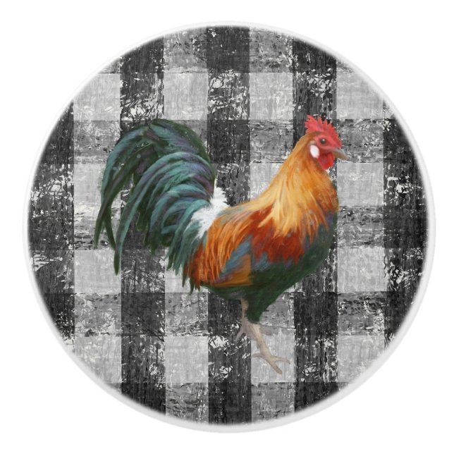 Rooster Rustic Farmhouse Black White Gingham Check Ceramic Knob (Front)