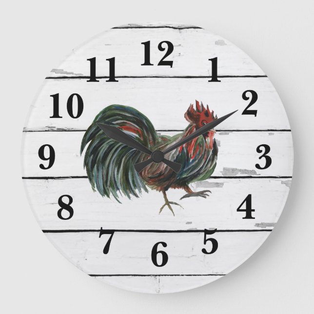 Rooster Rustic Shiplap Farmhouse Decor Large Clock (Front)