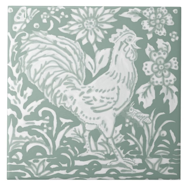 Rooster Sage Green Garden Scene Chicken Butterfly Ceramic Tile (Front)