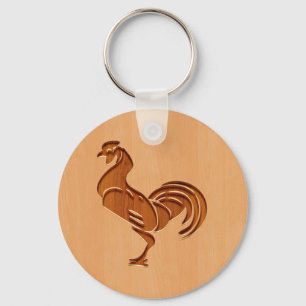 Rooster silhouette engraved on wood design key ring