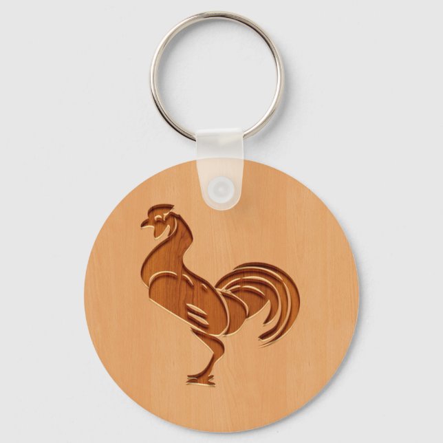 Rooster silhouette engraved on wood design key ring (Front)