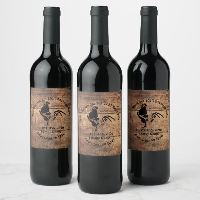 Rooster Silhouette Family Home Address  Wine Label (Bottles)