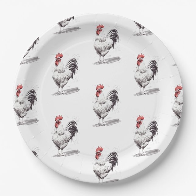 Rooster Sketch Pattern Paper Plate (Front)