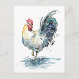 Rooster Splash - Watercolor Postcard