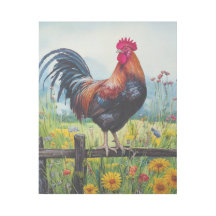 Rooster Standing on Fence and Wildflowers