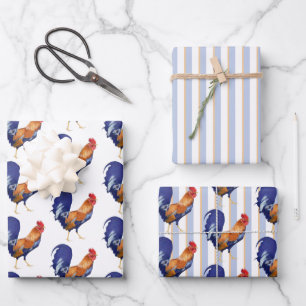 Rooster Stripes Wrapping Paper Flat Sheet Set of 3