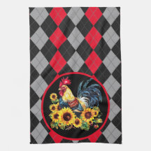 Rooster & Sunflowers On Black, Red & Grey Plaid