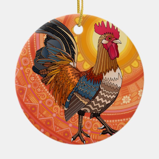 rooster sunrise orange ceramic ornament (Front)
