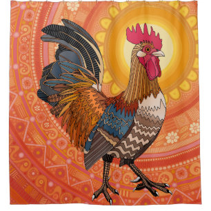 rooster sunrise orange shower curtain