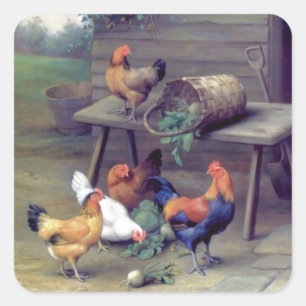 Rooster Turnip Basket Hens Square Sticker