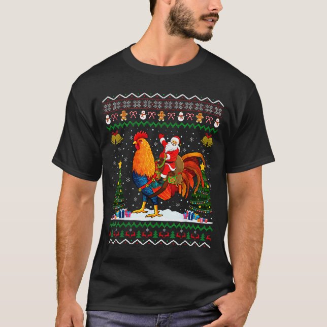 Rooster Ugly Xmas Gift Santa Riding Rooster Christ T-Shirt (Front)