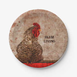 Rooster Vintage Antique Brown Texture Farmhouse Paper Plate