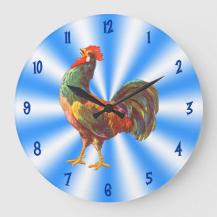 Rooster Vintage Art on Blue White Kitchen Clock