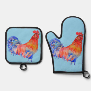 Rooster Watercolor Painting Chicken Pastel Blue Oven Mitt & Pot Holder Set