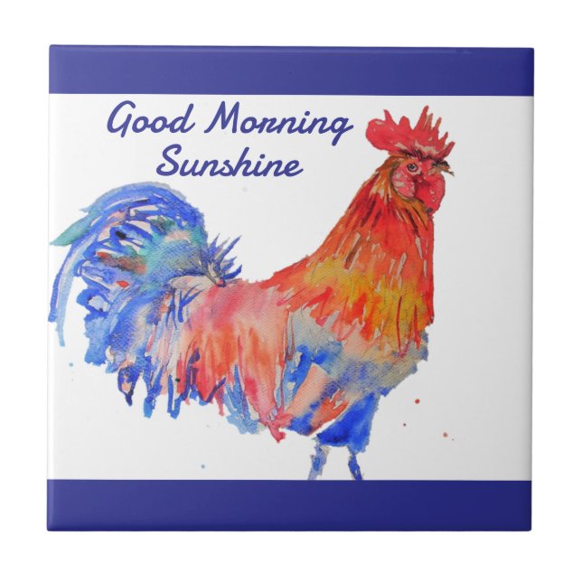Rooster Watercolor Red Blue Chicken Sunshine Ceramic Tile (Front)
