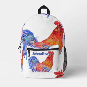 Rooster Watercolor Red Yellow Blue Chicken Printed Backpack