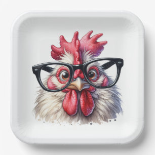 Rooster With Black Glasses Paper Plate