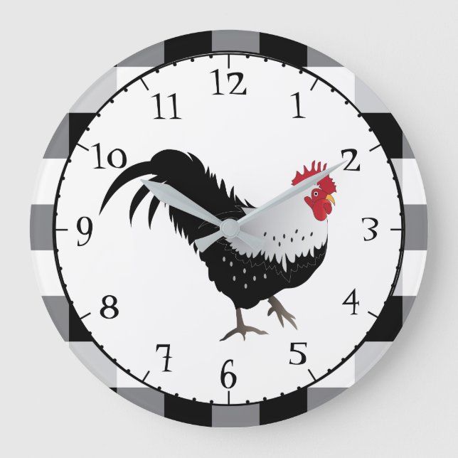 Rooster with Black White Check Large Clock (Front)