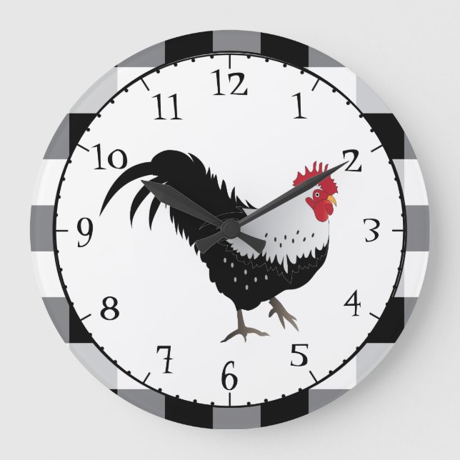Rooster with Black White Check Large Clock (Front)