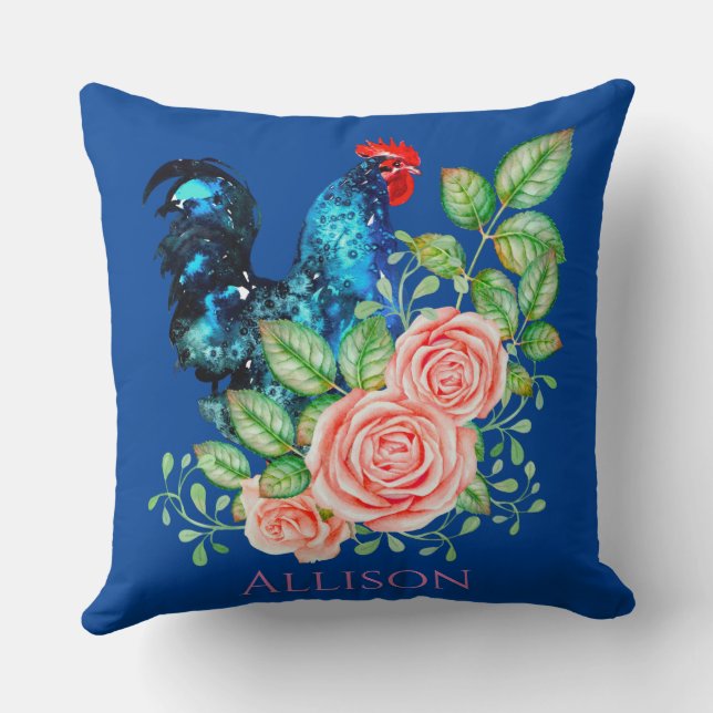 Rooster with Flowers Blue  Cushion (Back)