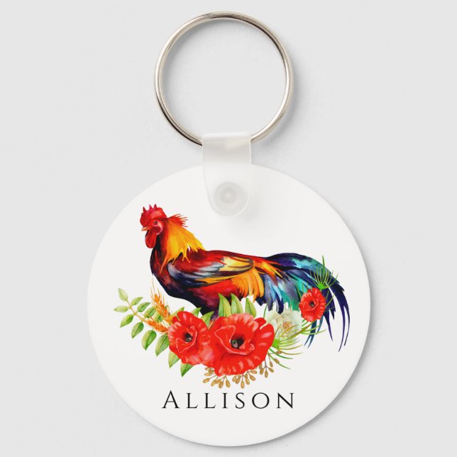 Rooster with Flowers Personalised  Key Ring (Front)