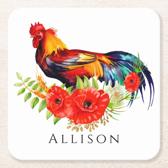 Rooster with Flowers Personalised Square Paper Coa Square Paper Coaster (Front)